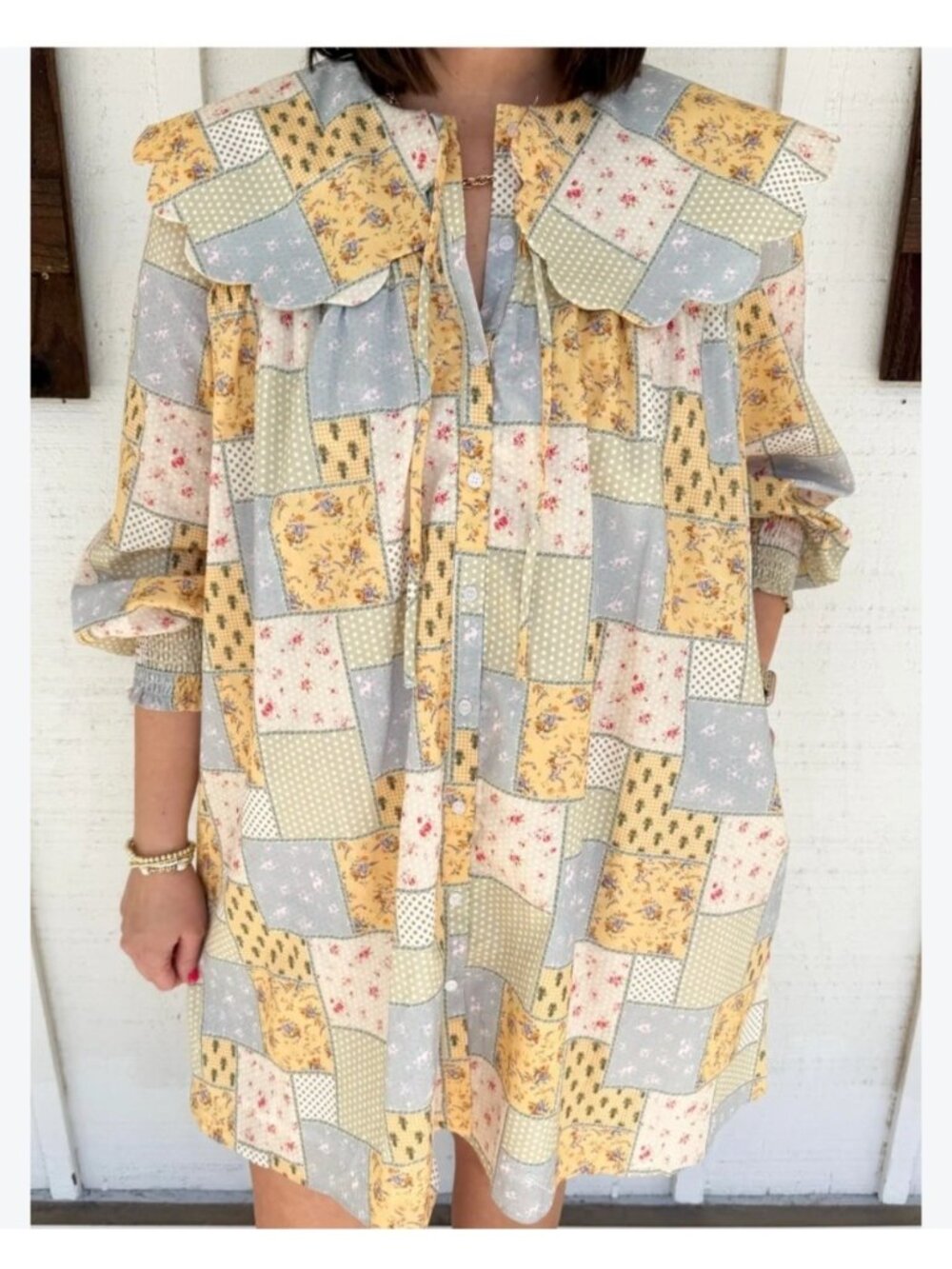 Aurem Womens Sz M The Tracy Patchwork Prairie-Style Dress With Ruffle Collar